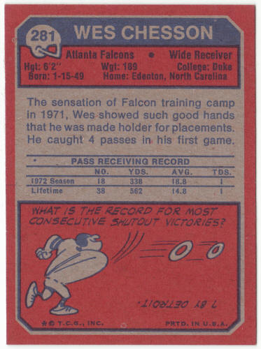 1973 Topps Football #281 Wes Chesson Rookie Card