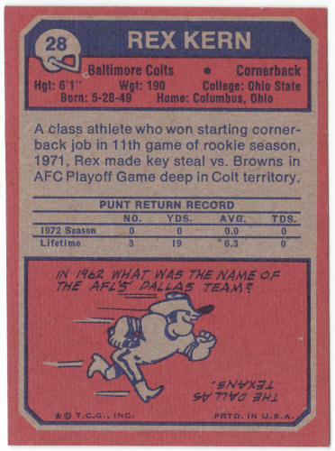 1973 Topps Football #28 Rex Kern Rookie Card