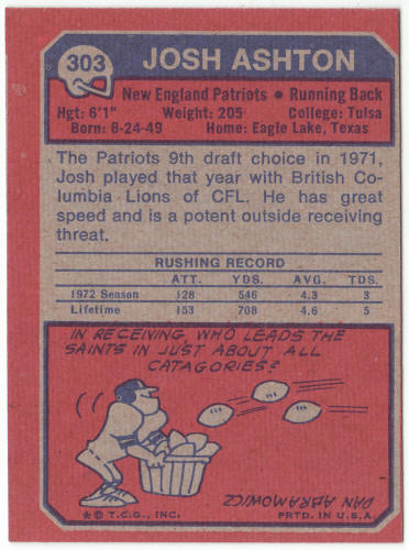 1973 Topps Football #303 Josh Ashton Rookie Card