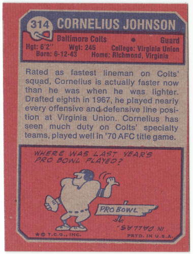 1973 Topps Football #314 Cornelius Johnson Rookie Card