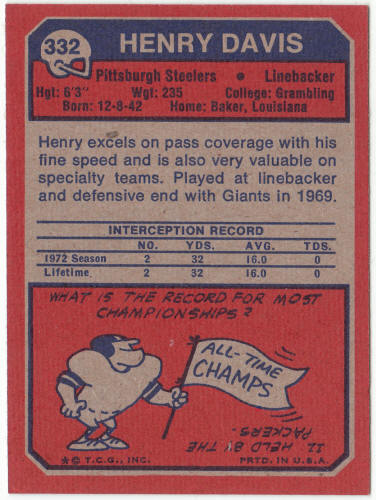 1973 Topps Football #332 Henry Davis Rookie Card