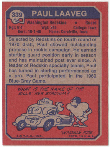 1973 Topps Football #339 Paul Laaveg Rookie Card