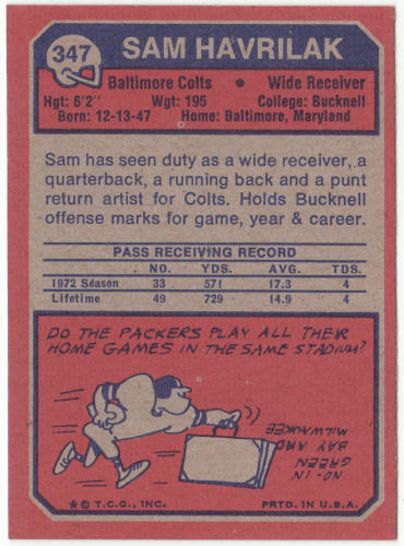 1973 Topps Football #347 Sam Havrilak Rookie Card