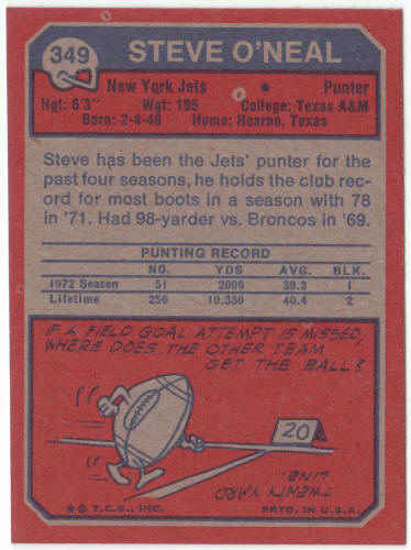 1973 Topps Football #349 Steve O'Neal Rookie Card