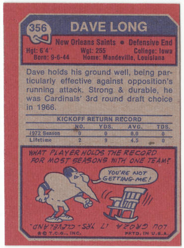1973 Topps Football #356 Dave Long Rookie Card