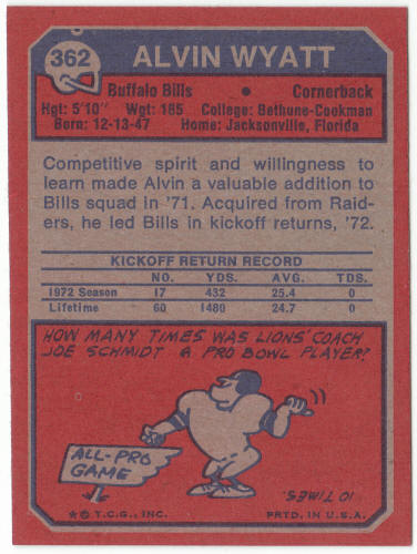 1973 Topps Football #362 Alvin Wyatt Rookie Card