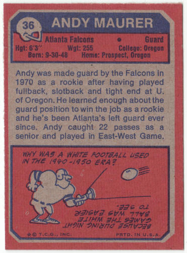 1973 Topps Football #36 Andy Maurer Rookie Card