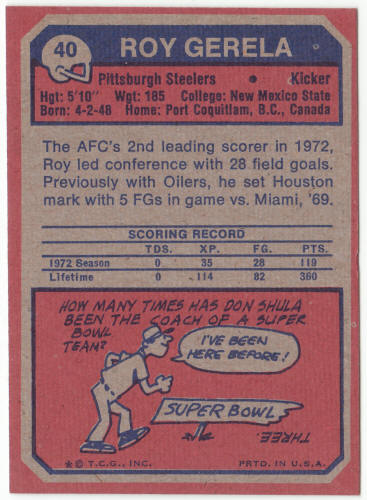 1973 Topps Football #40 Roy Gerela