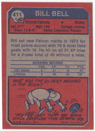 1973 Topps Football #411 Bill Bell Rookie Card