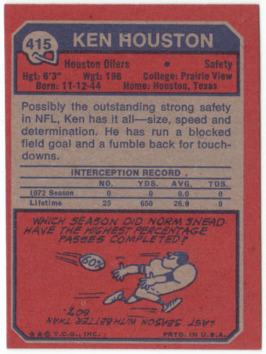 1973 Topps Football #415 Ken Houston