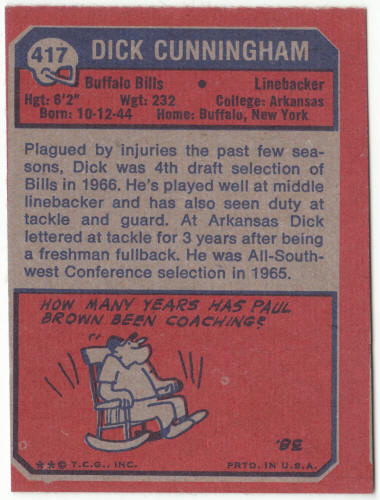 1973 Topps Football #417 Dick Cunningham Rookie Card
