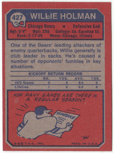 1973 Topps Football #427 Willie Holman Rookie Card