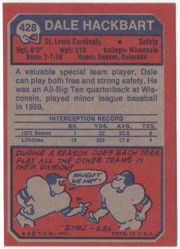 1973 Topps Football #428 Dale Hackbart