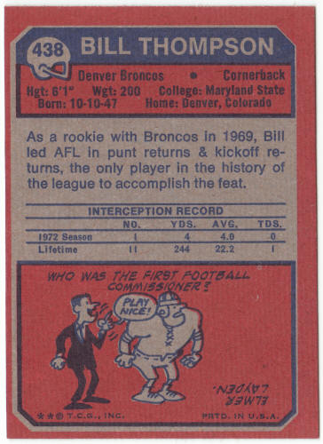 1973 Topps Football #438 Bill Thompson