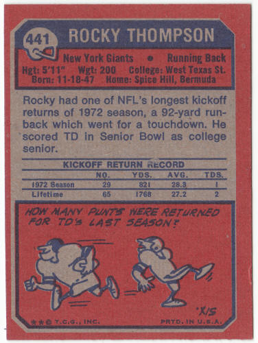 1973 Topps Football #441 Rocky Thompson Rookie Card
