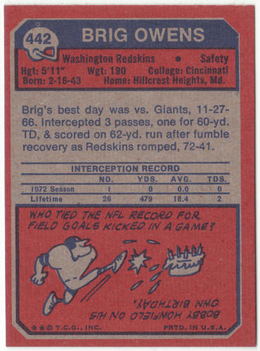 1973 Topps Football #442 Brig Owens