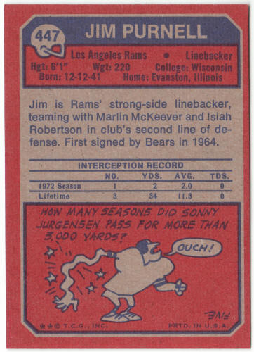 1973 Topps Football #447 Jim Purnell Rookie Card