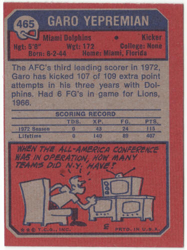 1973 Topps Football #465 Garo Yepremian