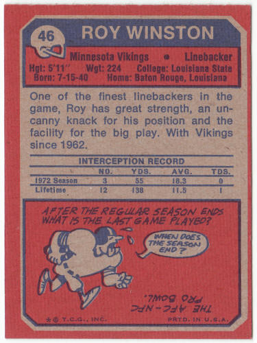 1973 Topps Football #46 Roy Winston