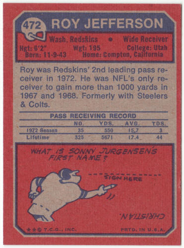 1973 Topps Football #472 Roy Jefferson