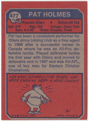1973 Topps Football #477 Pat Holmes Rookie Card