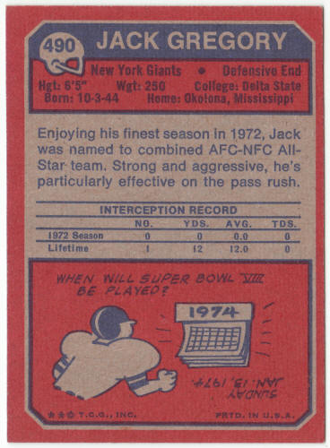 1973 Topps Football #490 Jack Gregory Rookie Card