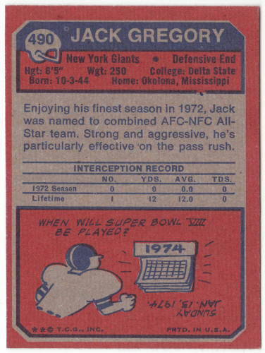 1973 Topps Football #490 Jack Gregory Rookie Card