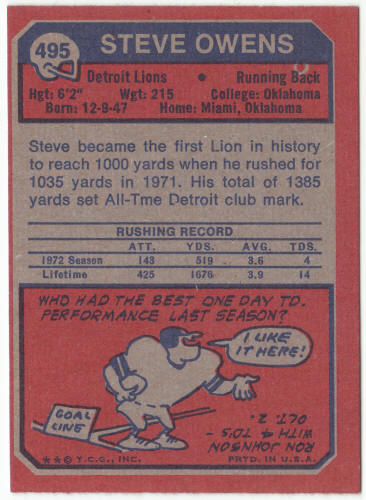 1973 Topps Football #495 Steve Owens