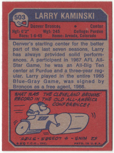 1973 Topps Football #503 Larry Kaminski Rookie Card