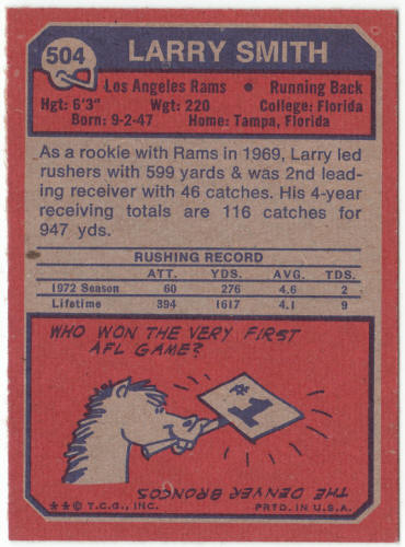 1973 Topps Football #504 Larry Smith Rookie Card