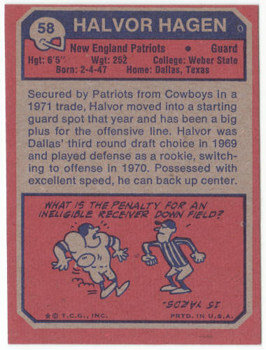 1973 Topps Football #58 Halvor Hagen Rookie Card