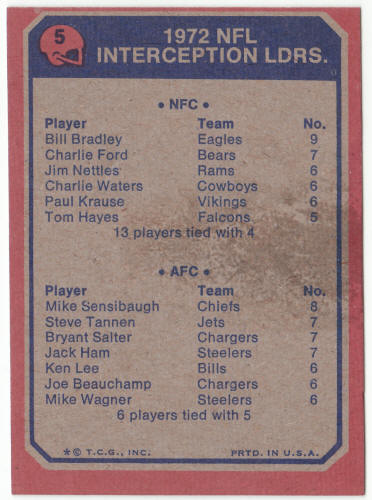 1973 Topps Football #5 NFL Interception Leaders Bill Bradley Mike Sensibaugh
