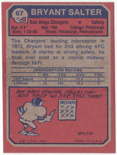 1973 Topps Football #67 Bryant Salter Rookie Card