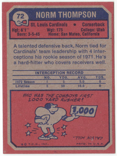 1973 Topps Football #72 Norm Thompson Rookie Card