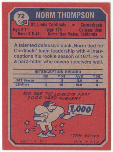 1973 Topps Football #72 Norm Thompson Rookie Card