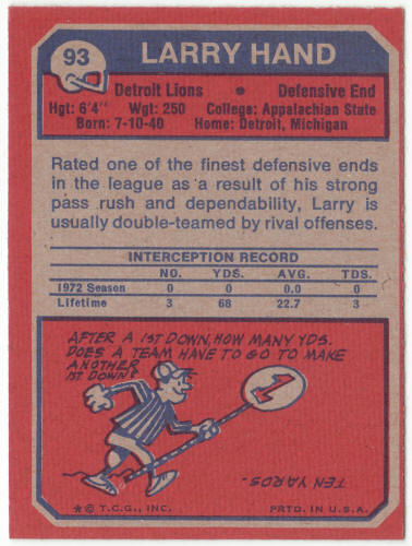 1973 Topps Football #93 Larry Hand