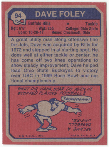 1973 Topps Football #94 Dave Foley Rookie Card