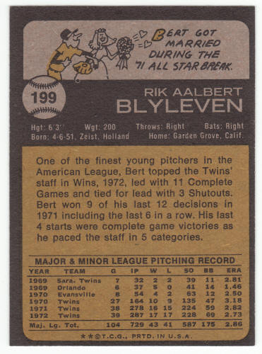 1973 Topps Bert Blyleven #199 back