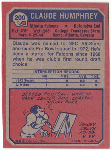 1973 Topps #200 Claude Humphrey back