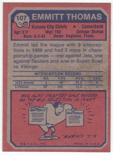 1973 Topps #107 Emmitt Thomas back