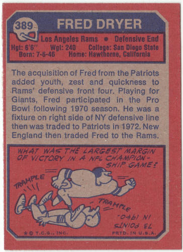 1973 Topps #389 Fred Dryer back