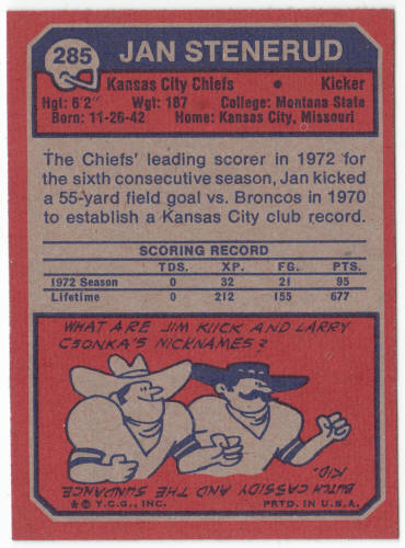 1973 Topps #285 Jan Stenerud back