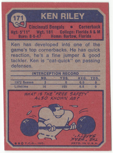 1973 Topps #171 Ken Riley Rookie Card