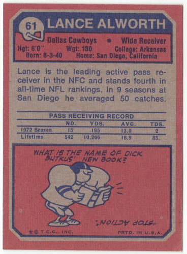 1973 Topps #61 Lance Alworth back