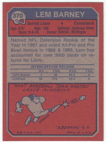 1973 Topps #370 Lem Barney back