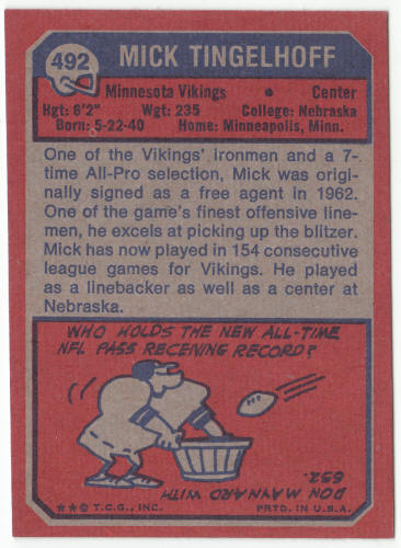 1973 Topps Football #492 Mick Tingelhoff back