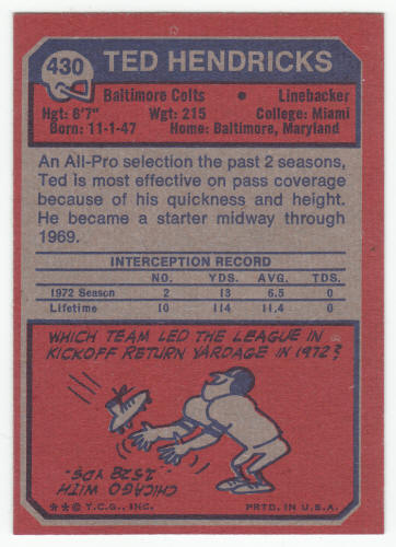 1973 Topps Ted Hendricks #430 back