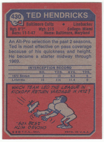 1973 Topps Football Ted Hendricks #430