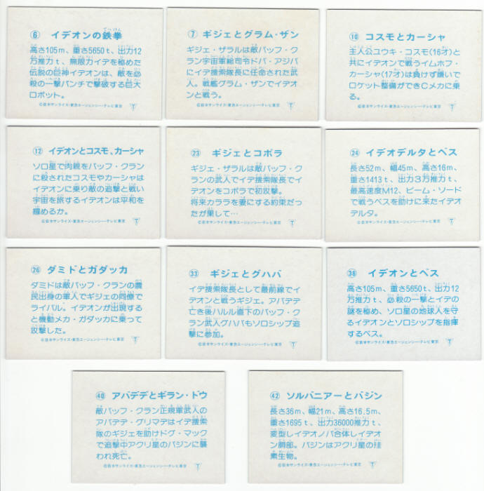 1982 Yamakatsu Space Runaway Ideon Trading Cards backs