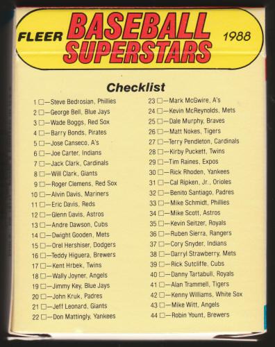 1988 Fleer Baseball Superstars Set box back